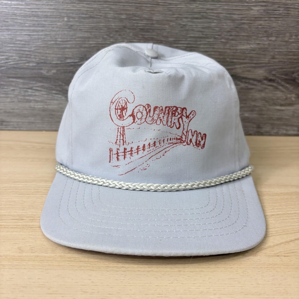 Vintage Country Inn Hat Cap Strap Back Gray Rope Graphic Hotel